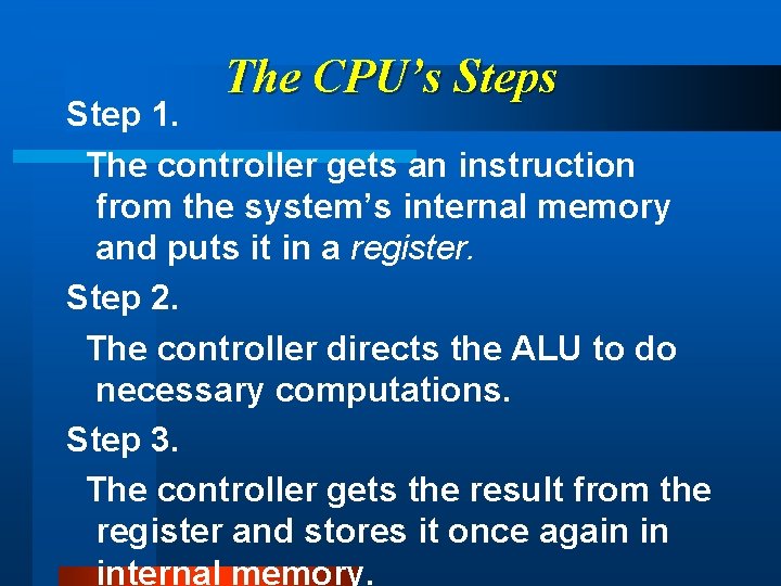 The CPU’s Step 1. The controller gets an instruction from the system’s internal memory