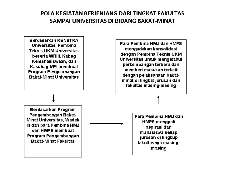 POLA KEGIATAN BERJENJANG DARI TINGKAT FAKULTAS SAMPAI UNIVERSITAS DI BIDANG BAKAT-MINAT Berdasarkan RENSTRA Universitas,