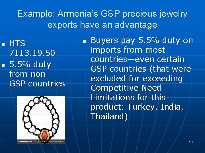Example: Armenia’s GSP precious jewelry exports have an advantage n n HTS 7113. 19. Example: Armenia’s GSP precious jewelry exports have an advantage n n HTS 7113. 19.
