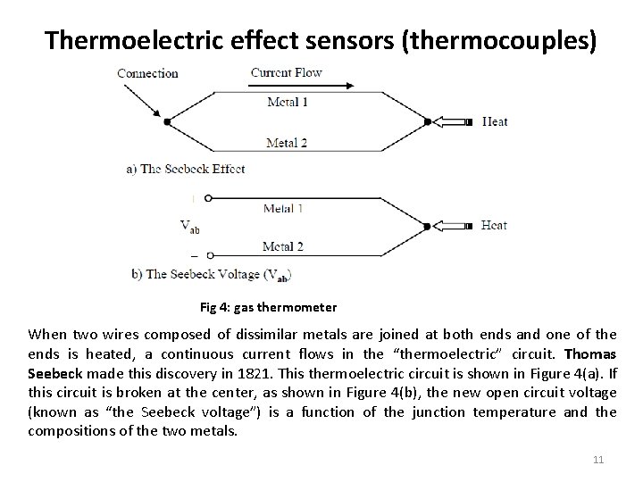 Thermoelectric effect sensors (thermocouples) Fig 4: gas thermometer When two wires composed of dissimilar