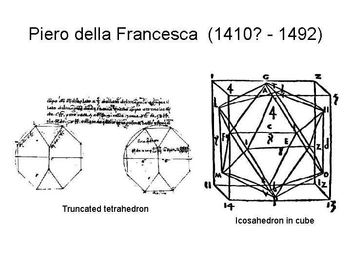 Piero della Francesca (1410? - 1492) Truncated tetrahedron Icosahedron in cube 