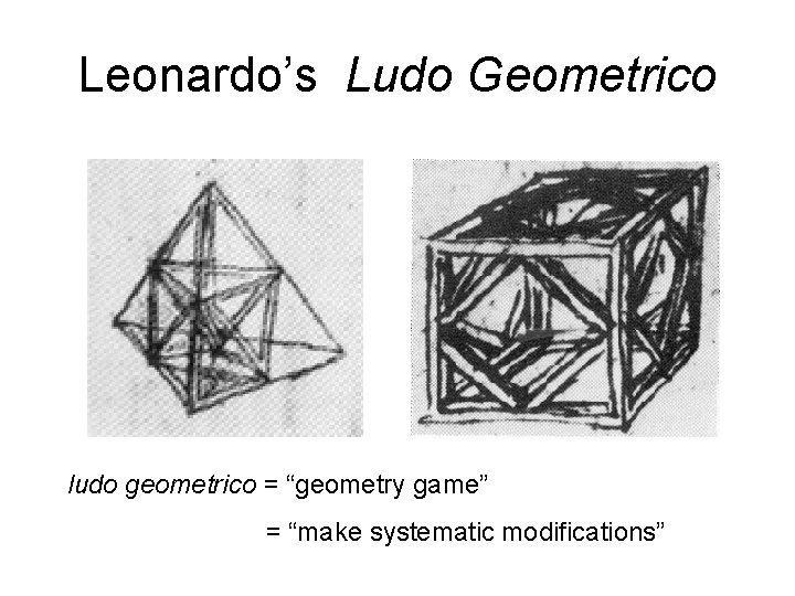 Leonardo’s Ludo Geometrico ludo geometrico = “geometry game” = “make systematic modifications” 