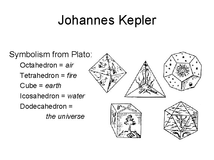 Johannes Kepler Symbolism from Plato: Octahedron = air Tetrahedron = fire Cube = earth