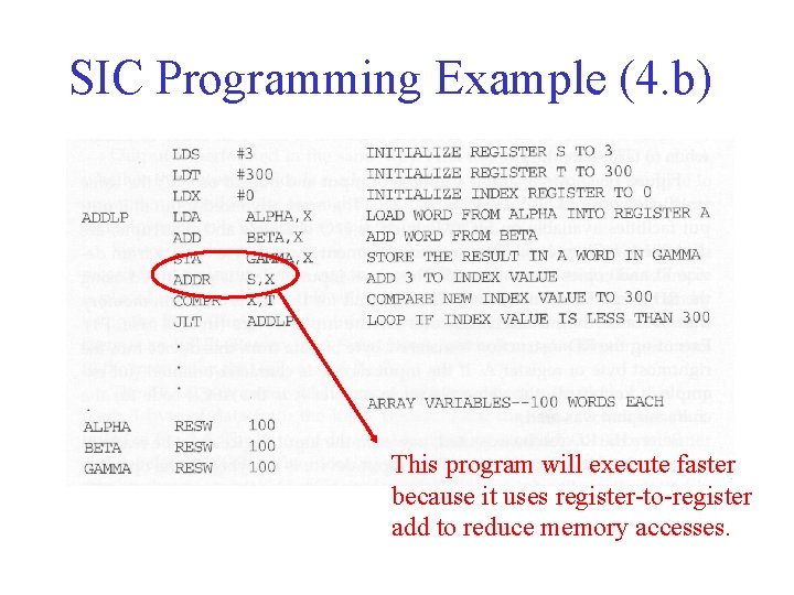 SIC Programming Example (4. b) This program will execute faster because it uses register-to-register