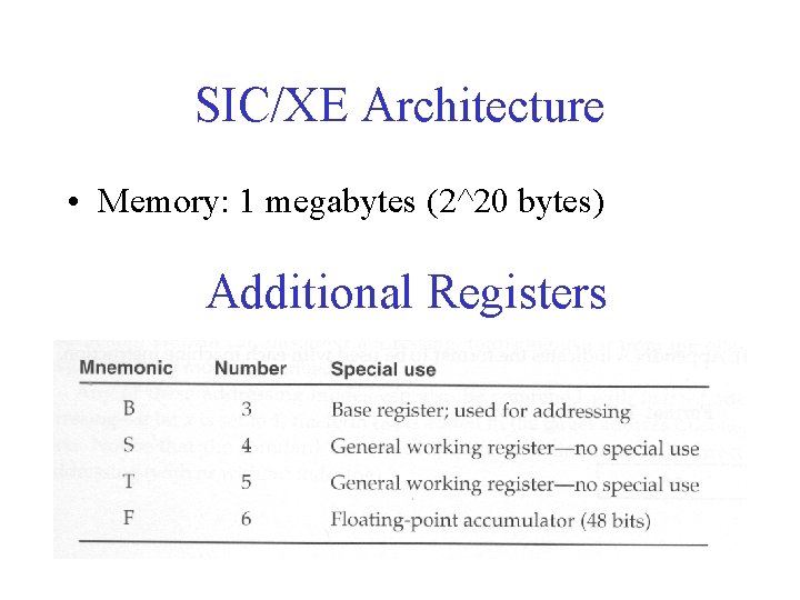 SIC/XE Architecture • Memory: 1 megabytes (2^20 bytes) Additional Registers 