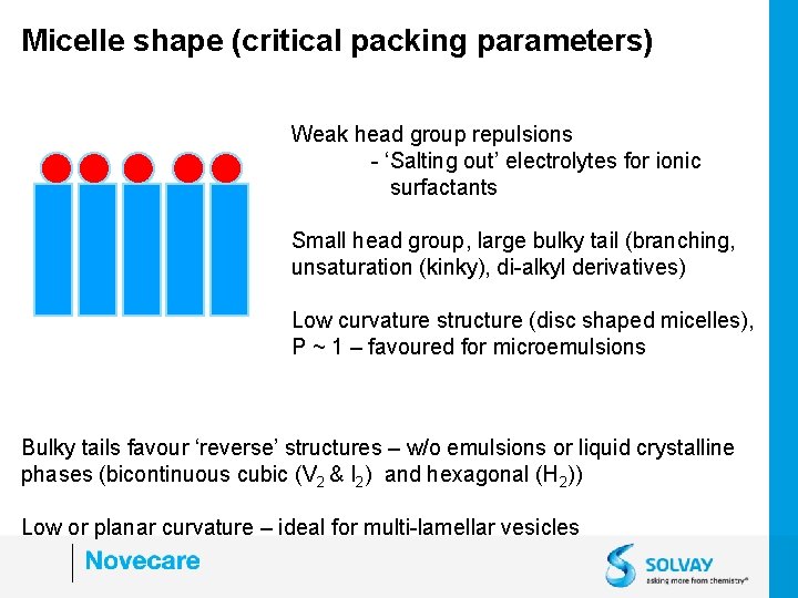 Micelle shape (critical packing parameters) Weak head group repulsions - ‘Salting out’ electrolytes for