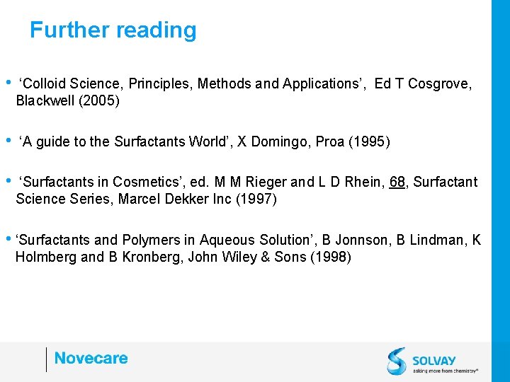 Further reading • ‘Colloid Science, Principles, Methods and Applications’, Ed T Cosgrove, Blackwell (2005)