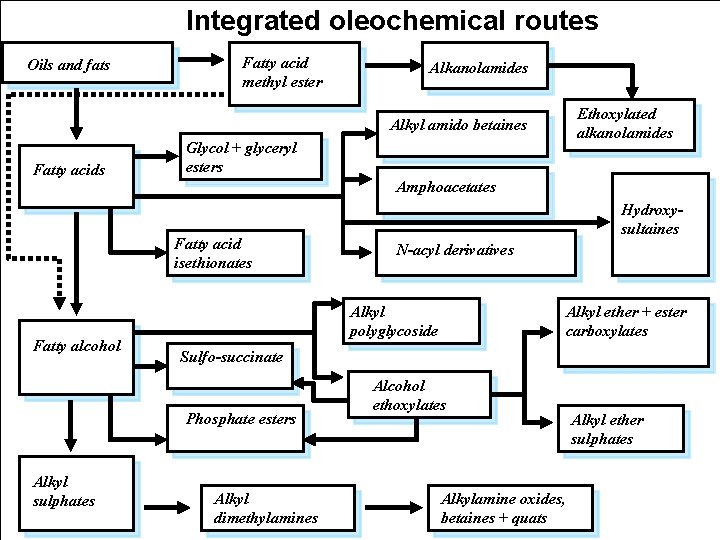 Integrated oleochemical routes Oils and fats Fatty acid methyl ester Alkanolamides Ethoxylated alkanolamides Alkyl