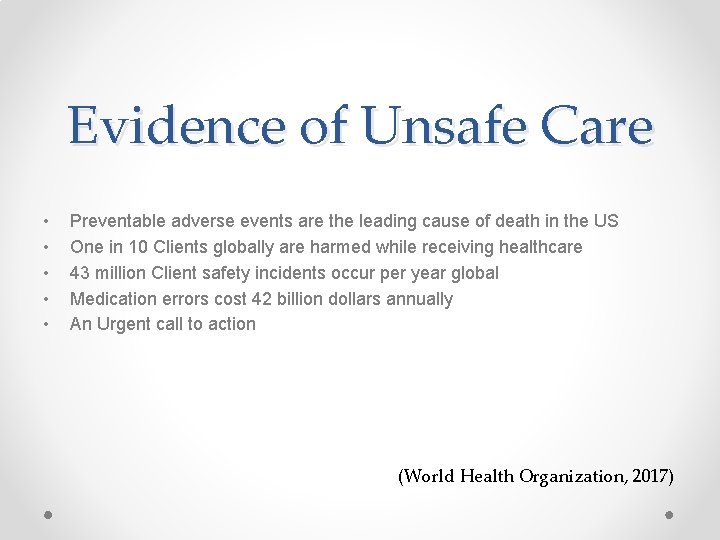 Evidence of Unsafe Care • • • Preventable adverse events are the leading cause