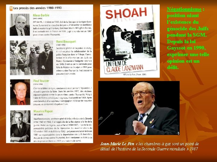 Négationnisme : position niant l’existence du génocide des Juifs pendant la SGM. Depuis la