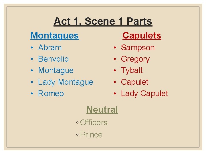 Act 1, Scene 1 Parts Montagues • • • Capulets Abram Benvolio Montague Lady