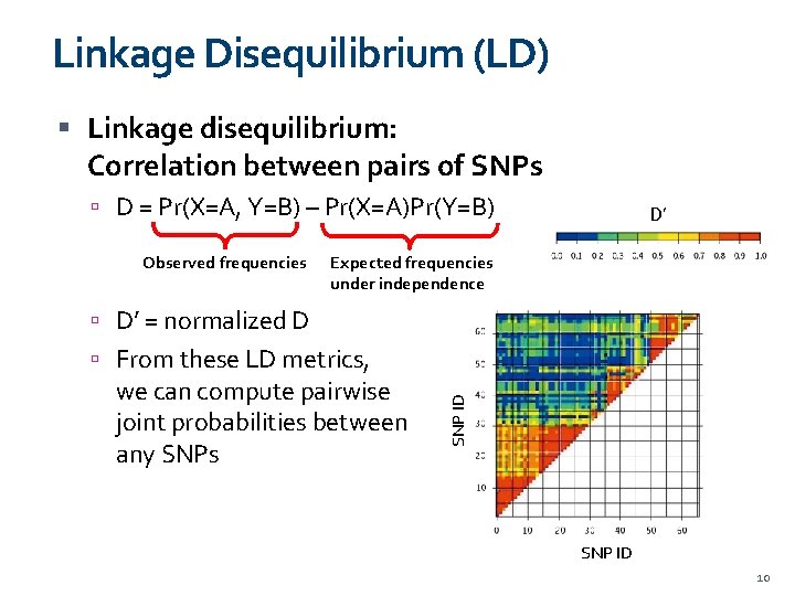 Linkage Disequilibrium (LD) Linkage disequilibrium: Correlation between pairs of SNPs D = Pr(X=A, Y=B)