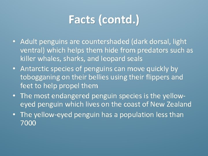 Facts (contd. ) • Adult penguins are countershaded (dark dorsal, light ventral) which helps