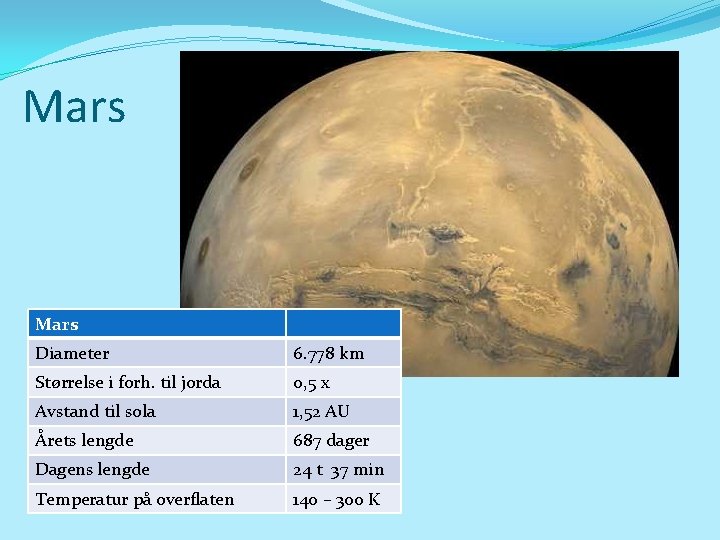 Mars Diameter 6. 778 km Størrelse i forh. til jorda 0, 5 x Avstand