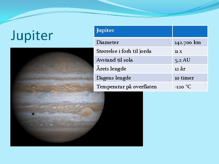 Jupiter Diameter 142. 700 km Størrelse i forh til jorda 11 x Avstand til