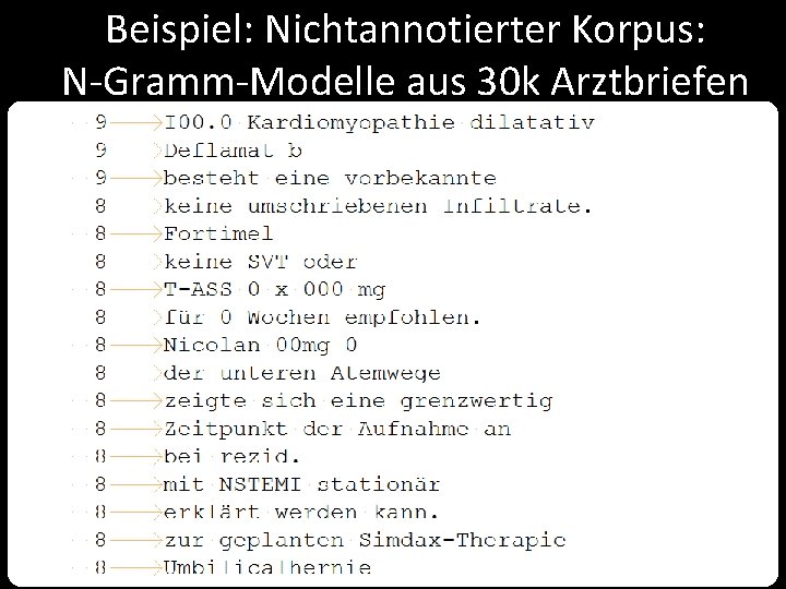 Beispiel: Nichtannotierter Korpus: N-Gramm-Modelle aus 30 k Arztbriefen 