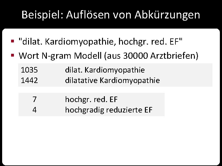 Beispiel: Auflösen von Abkürzungen § "dilat. Kardiomyopathie, hochgr. red. EF" § Wort N-gram Modell