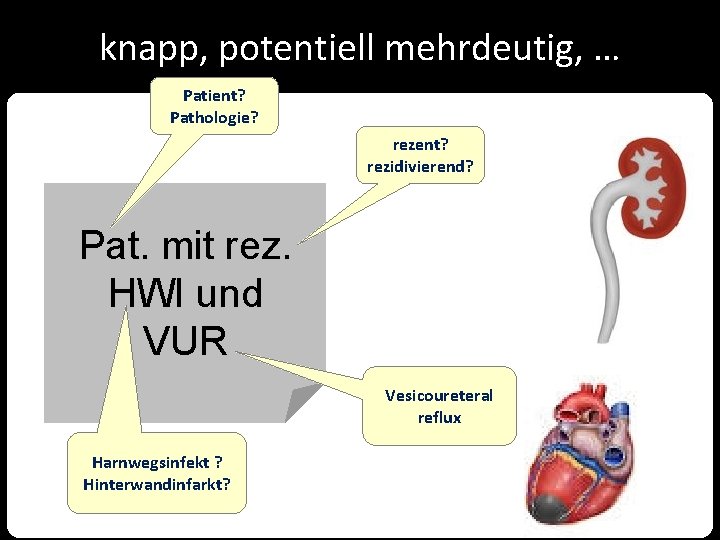 knapp, potentiell mehrdeutig, … Patient? Pathologie? rezent? rezidivierend? Pat. mit rez. HWI und VUR