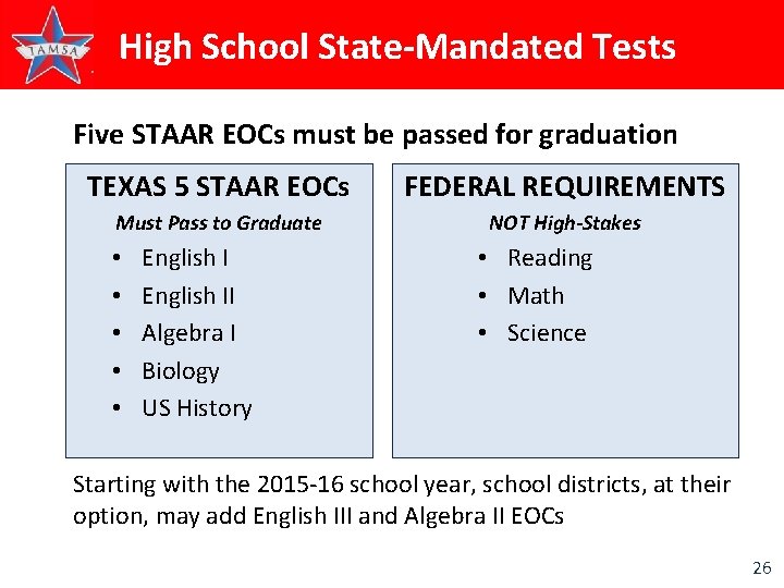 High School State-Mandated Tests Five STAAR EOCs must be passed for graduation TEXAS 5