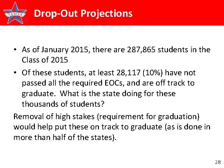 Drop-Out Projections • As of January 2015, there are 287, 865 students in the
