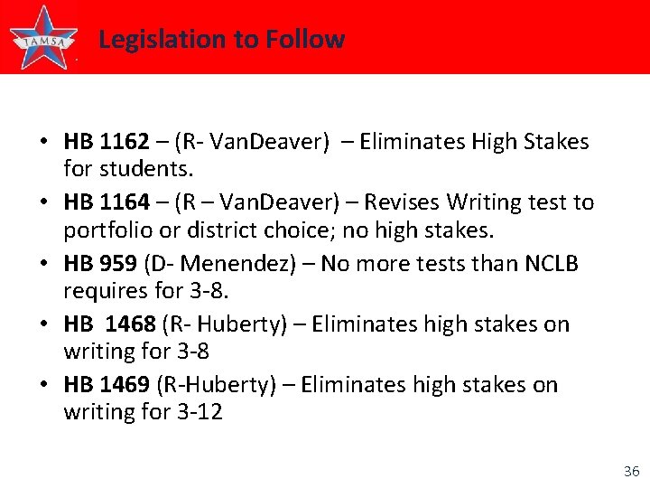 Legislation to Follow • HB 1162 – (R- Van. Deaver) – Eliminates High Stakes