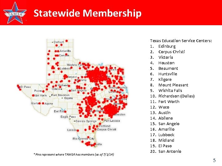 Statewide Membership *Pins represent where TAMSA has members (as of 7/1/14) Texas Education Service