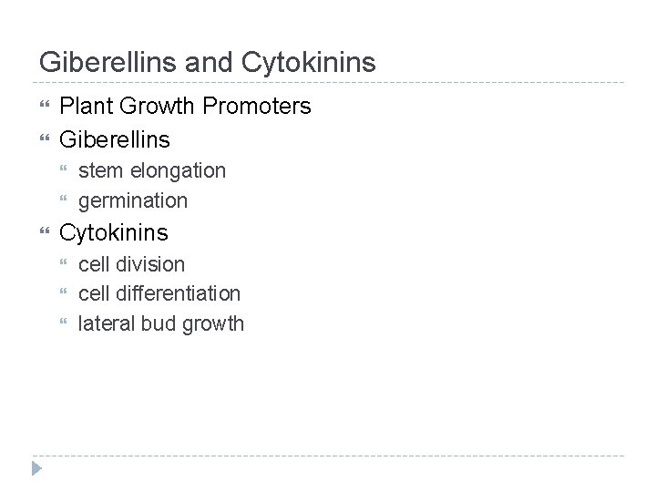 Giberellins and Cytokinins Plant Growth Promoters Giberellins stem elongation germination Cytokinins cell division cell
