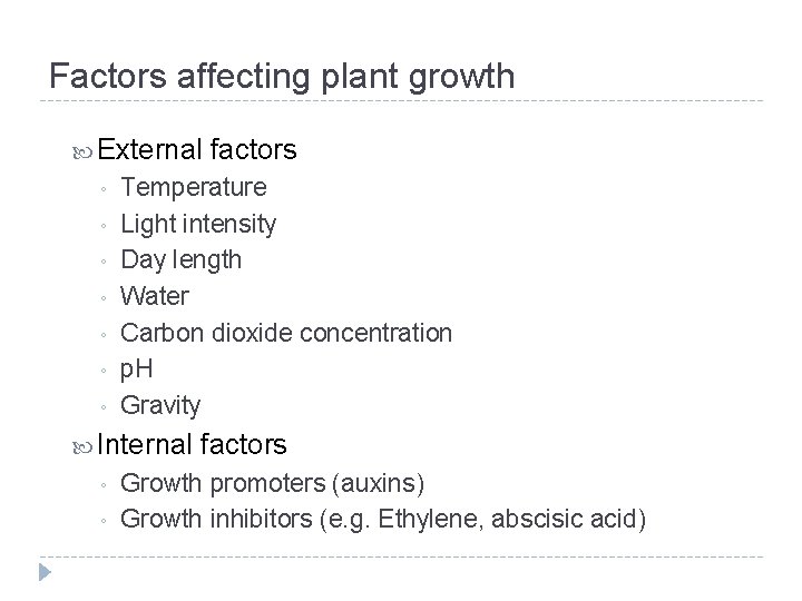 Factors affecting plant growth External ◦ ◦ ◦ ◦ Temperature Light intensity Day length