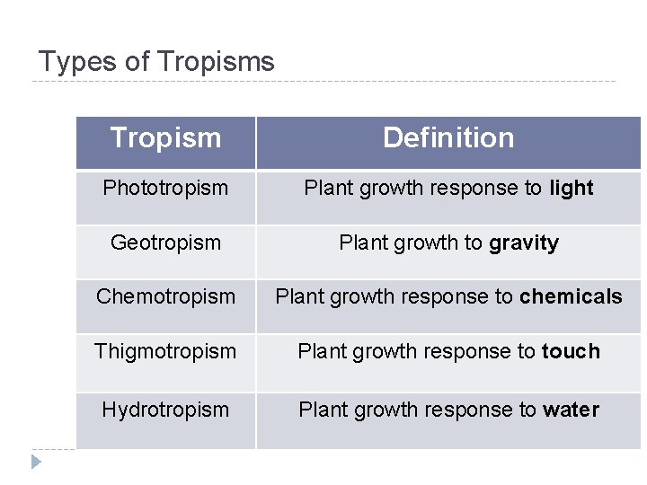 Types of Tropisms Tropism Definition Phototropism Plant growth response to light Geotropism Plant growth