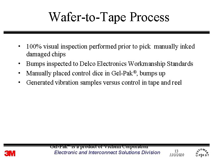 Wafer-to-Tape Process • 100% visual inspection performed prior to pick manually inked damaged chips
