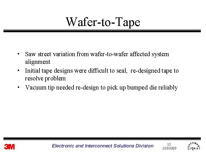 Wafer-to-Tape • Saw street variation from wafer-to-wafer affected system alignment • Initial tape designs