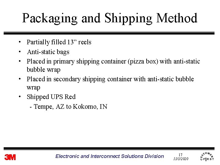 Packaging and Shipping Method • Partially filled 13” reels • Anti-static bags • Placed