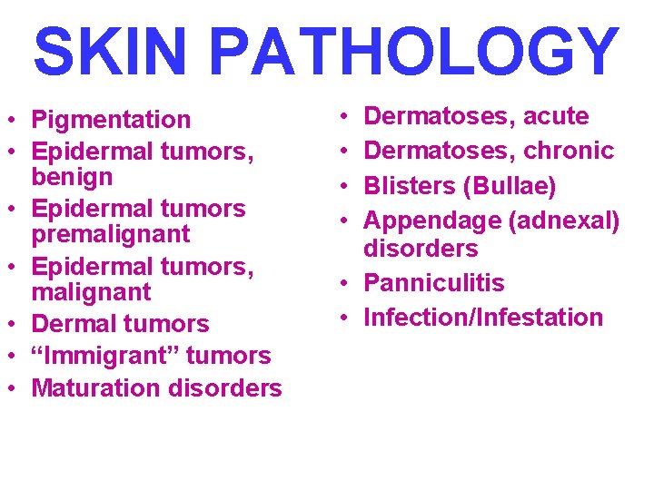 SKIN PATHOLOGY • Pigmentation • Epidermal tumors, benign • Epidermal tumors premalignant • Epidermal