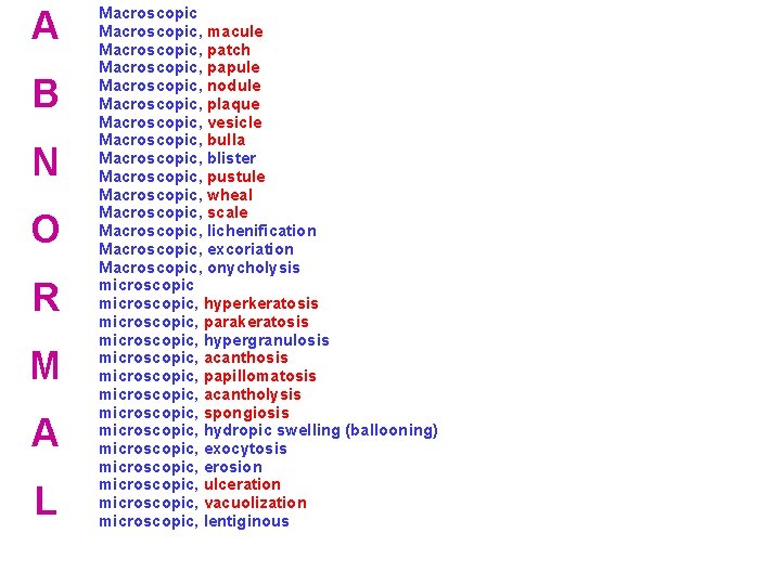 A B N O R M A L Macroscopic, macule Macroscopic, patch Macroscopic, papule