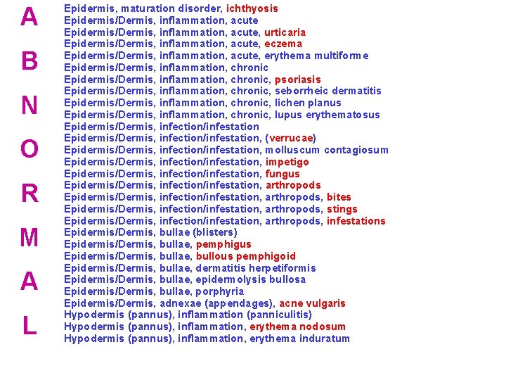 A B N O R M A L Epidermis, maturation disorder, ichthyosis Epidermis/Dermis, inflammation,