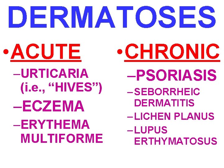 DERMATOSES • ACUTE –URTICARIA (i. e. , “HIVES”) –ECZEMA –ERYTHEMA MULTIFORME • CHRONIC –PSORIASIS