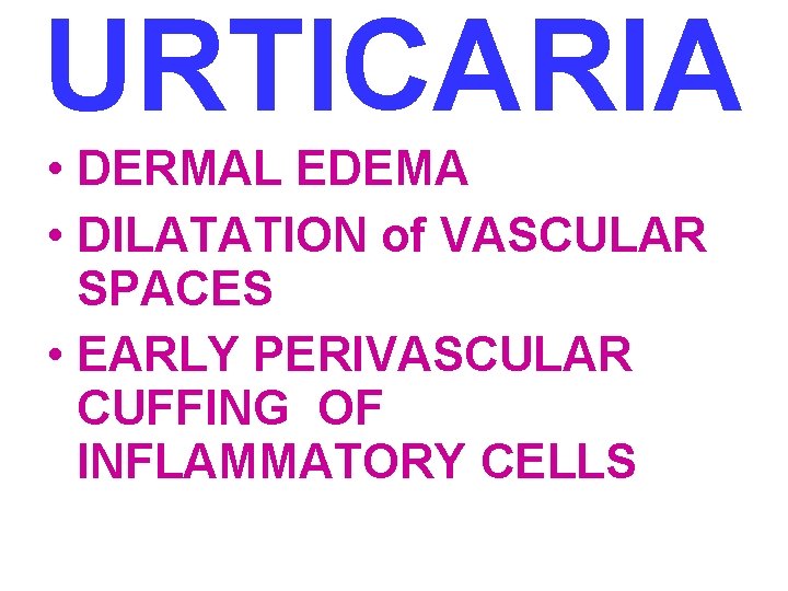 URTICARIA • DERMAL EDEMA • DILATATION of VASCULAR SPACES • EARLY PERIVASCULAR CUFFING OF