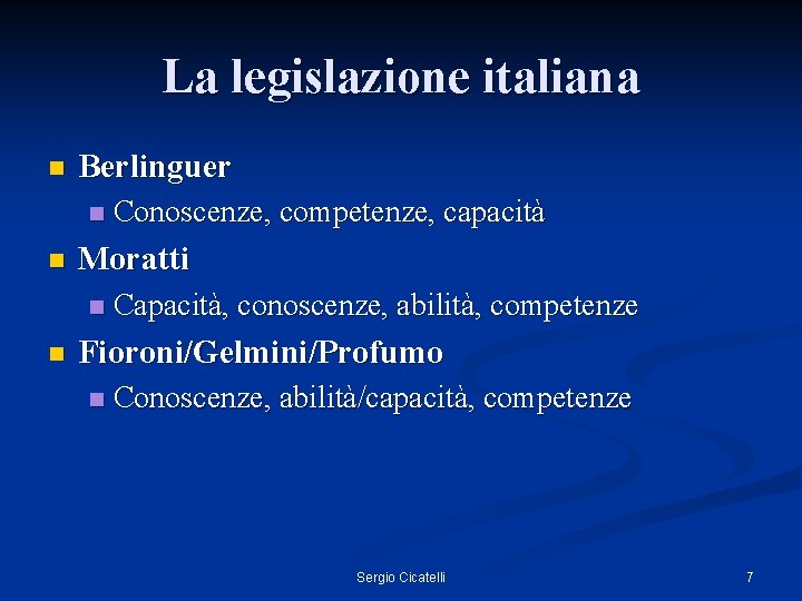 La legislazione italiana n Berlinguer n n Moratti n n Conoscenze, competenze, capacità Capacità,