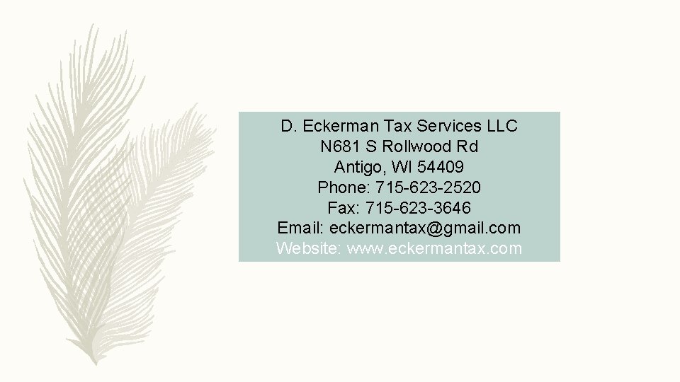 D. Eckerman Tax Services LLC N 681 S Rollwood Rd Antigo, WI 54409 Phone: