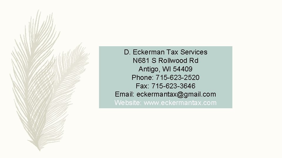 D. Eckerman Tax Services N 681 S Rollwood Rd Antigo, WI 54409 Phone: 715