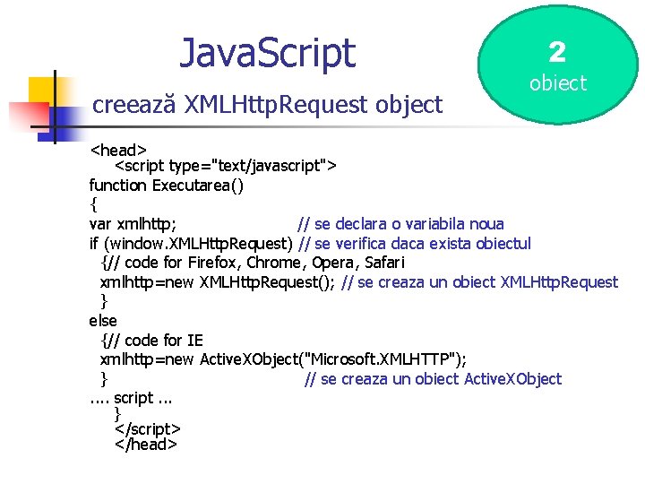 Java. Script creează XMLHttp. Request object 2 obiect <head> <script type="text/javascript"> function Executarea() {