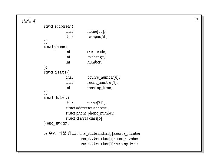 12 (방법 4) struct addresses { char home[50]; char campus[50]; }; struct phone {