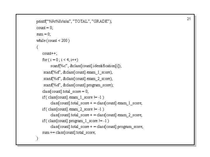 printf(“%9 s%8 snn”, ”TOTAL”, ”GRADE”); count = 0; sum = 0; while (count <