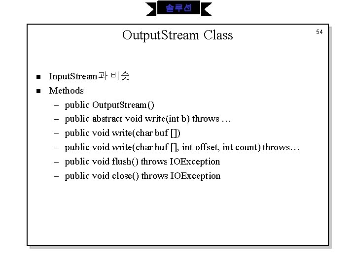 솔루션 Output. Stream Class n n Input. Stream과 비슷 Methods – public Output. Stream()