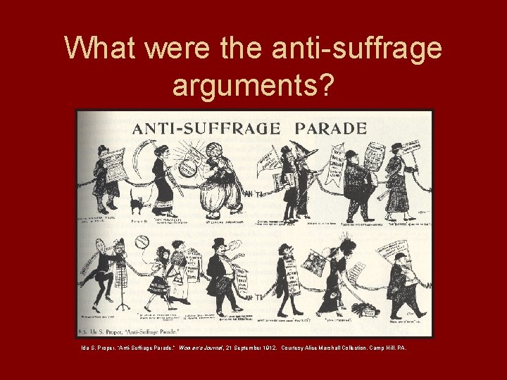What were the anti-suffrage arguments? Ida S. Proper, “Anti-Suffrage Parade. ” Woman’s Journal, 21