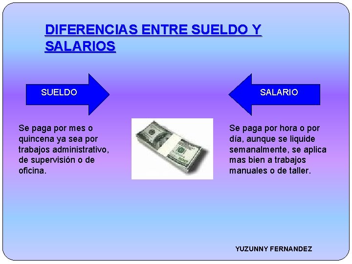 DIFERENCIAS ENTRE SUELDO Y SALARIOS SUELDO Se paga por mes o quincena ya sea