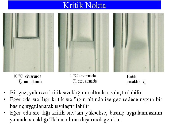 Kritik Nokta • Bir gaz, yalnızca kritik sıcaklığının altında sıvılaştırılabilir. • Eğer oda sıc.