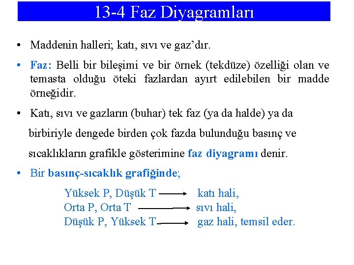 13 -4 Faz Diyagramları • Maddenin halleri; katı, sıvı ve gaz’dır. • Faz: Belli