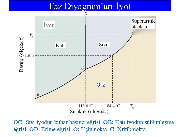 Faz Diyagramları-İyot OC: Sıvı iyodun buhar basıncı eğrisi. OB: Katı iyodun süblimleşme eğrisi. OD: