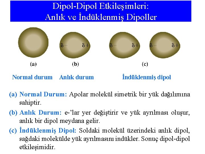 Dipol-Dipol Etkileşimleri: Anlık ve İndüklenmiş Dipoller Normal durum Anlık durum İndüklenmiş dipol (a) Normal